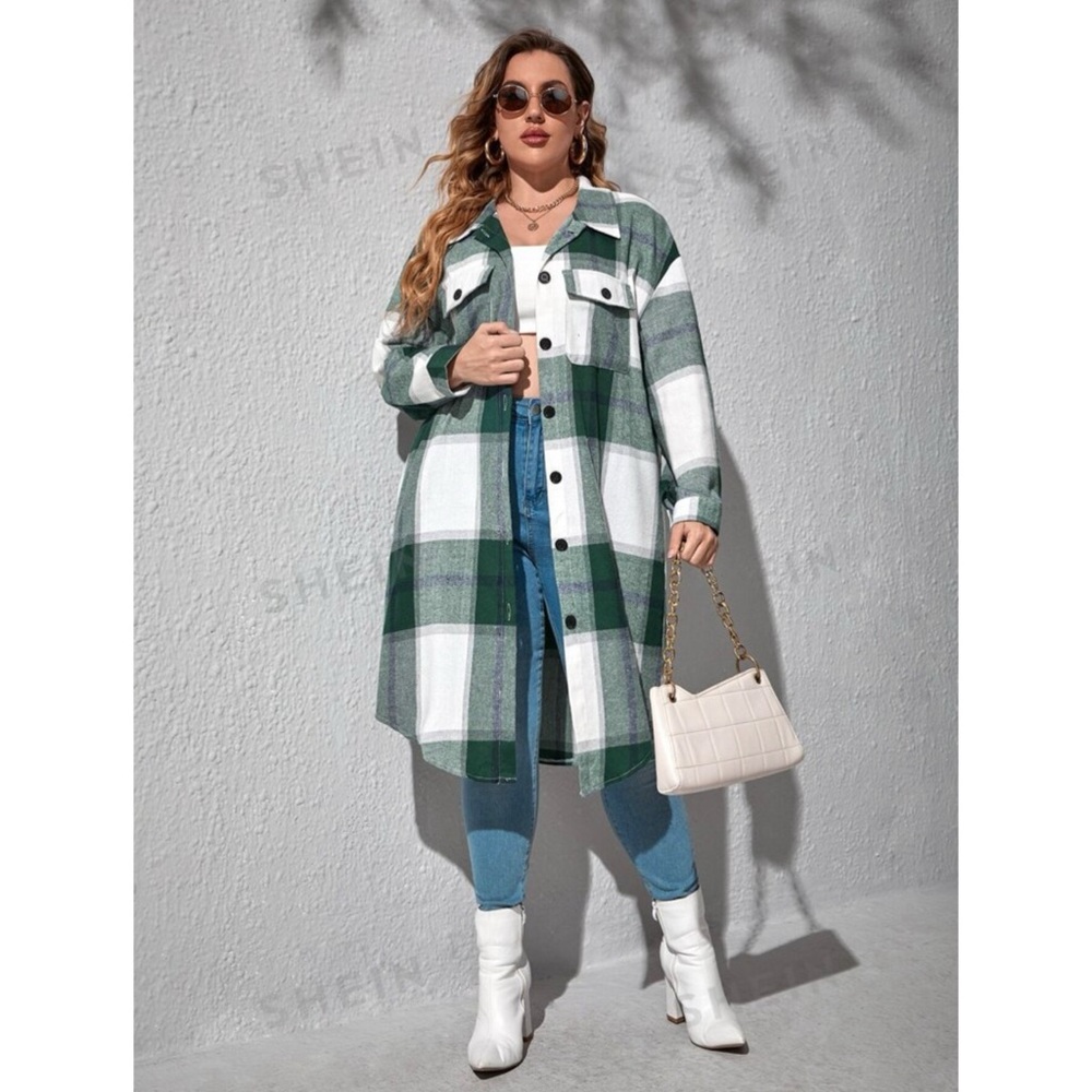 Plus Size Green Plaid Coat